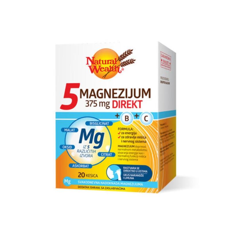 Natural Wealth 5 Magnezijum 375 mg DIREKT + B + C 20 kesica